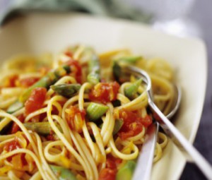 Спагетти с зеленой спаржей, помидорами и кинзой