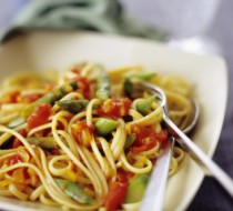 Спагетти с зеленой спаржей, помидорами и кинзой рецепт с фото